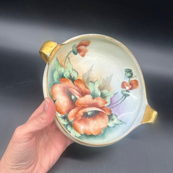 Antique Hand Painted Porcelain Bowl Poppy Red Flowers Gold Gilt Beyer & Boch - Picture 11 of 11